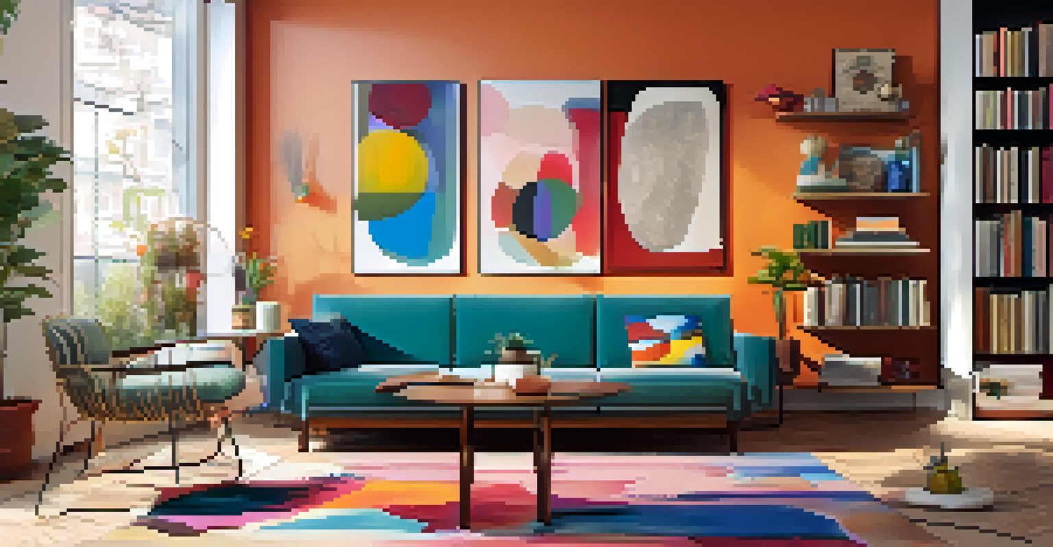 A small room with a coffee table displaying art books and sculptures, colorful abstract paintings on the walls, and a small plant, arranged on a decorative area rug.