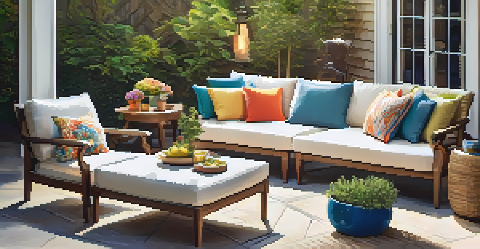 A well-maintained outdoor patio with colorful cushions, trimmed garden, and twinkling lights in a warm sunlight.