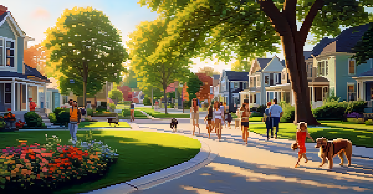 A vibrant neighborhood scene with young professionals and families enjoying a park, modern homes in the background.