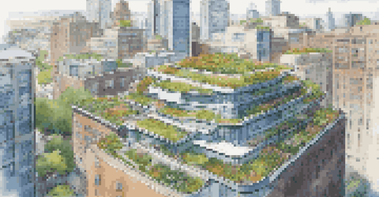 An aerial view of a building with a green roof surrounded by urban buildings and clear skies.