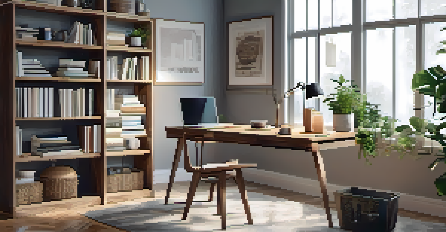 An inviting home office workspace with a wooden desk, a laptop, a plant, and shelves lined with books.