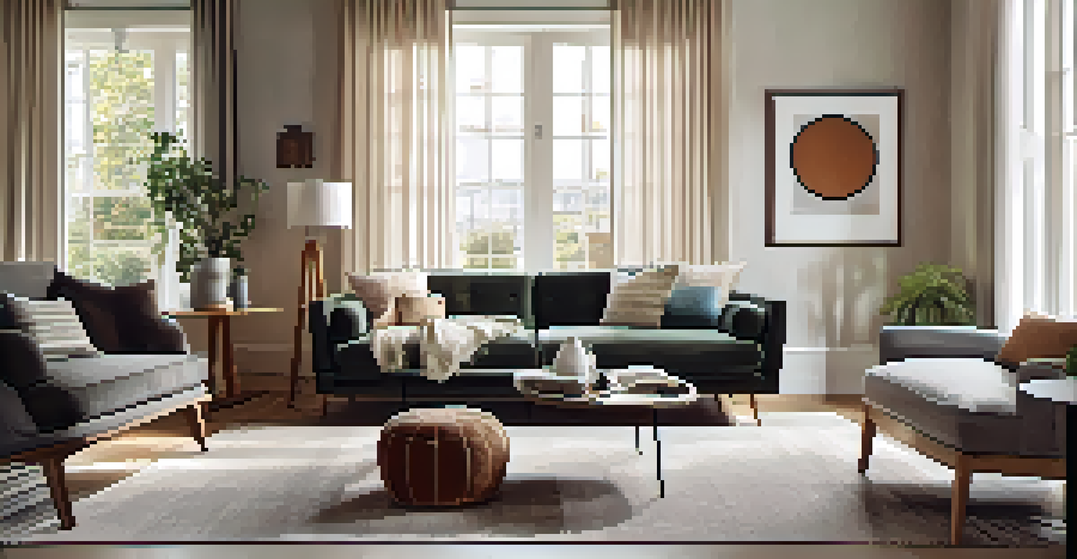 A cozy living room with a sofa on tapered wooden legs, bathed in soft natural light.