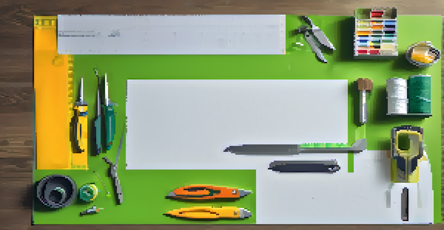 An overhead view of a DIY workspace with a utility knife, cutting mat, and various materials.