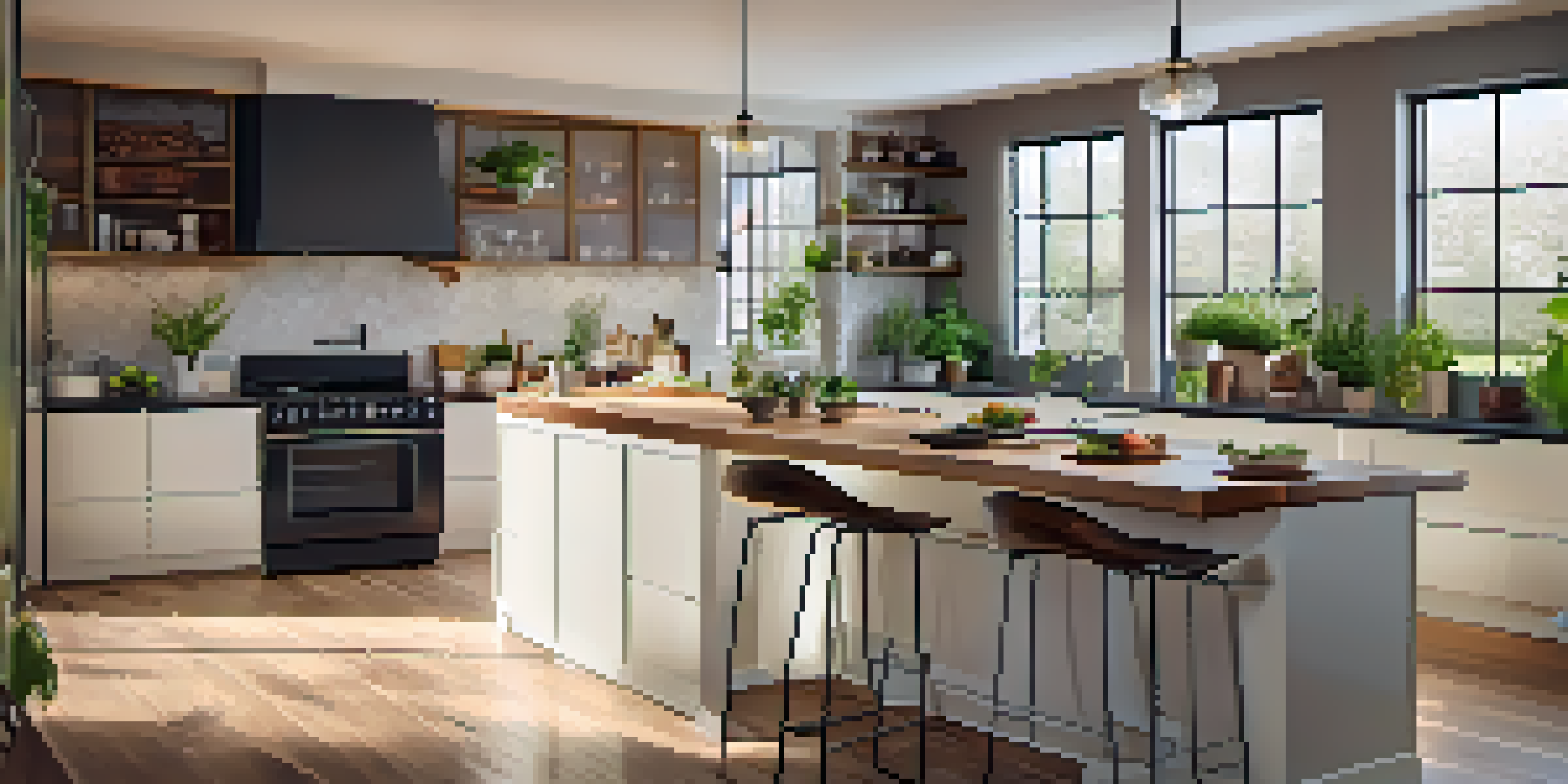 A modern kitchen with wooden cabinets, a spacious island, and natural light coming through a large window.