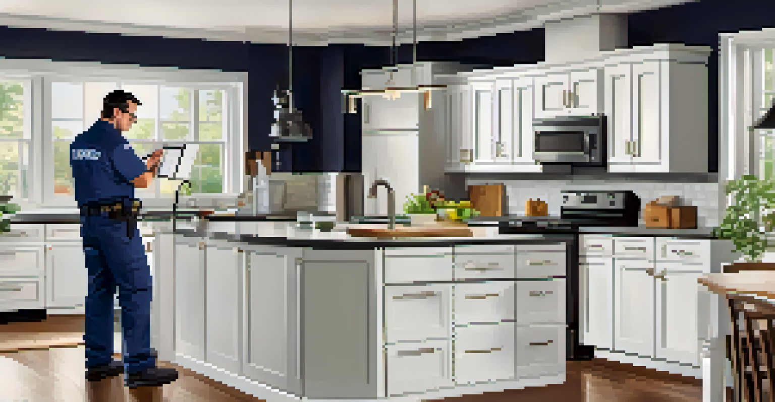 A home inspector reviewing a renovated kitchen, with modern appliances and a safety checklist.