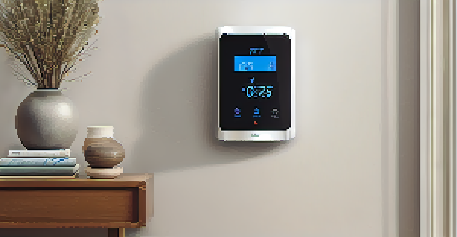 A smart thermostat on a wall, indicating the temperature in a stylish room with energy-efficient lighting.