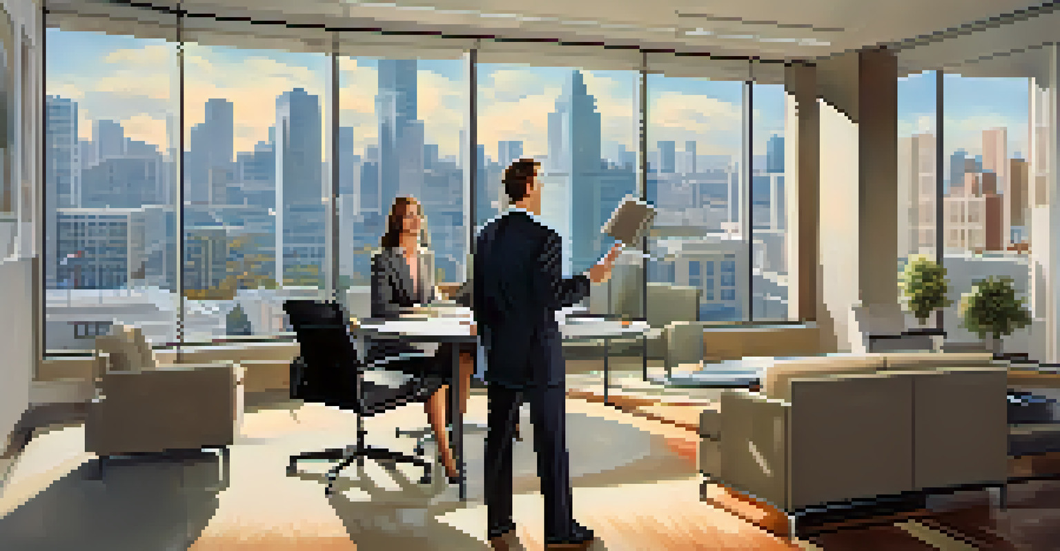 A real estate agent discussing property options with a couple in a modern office setting, showcasing a vibrant cityscape.
