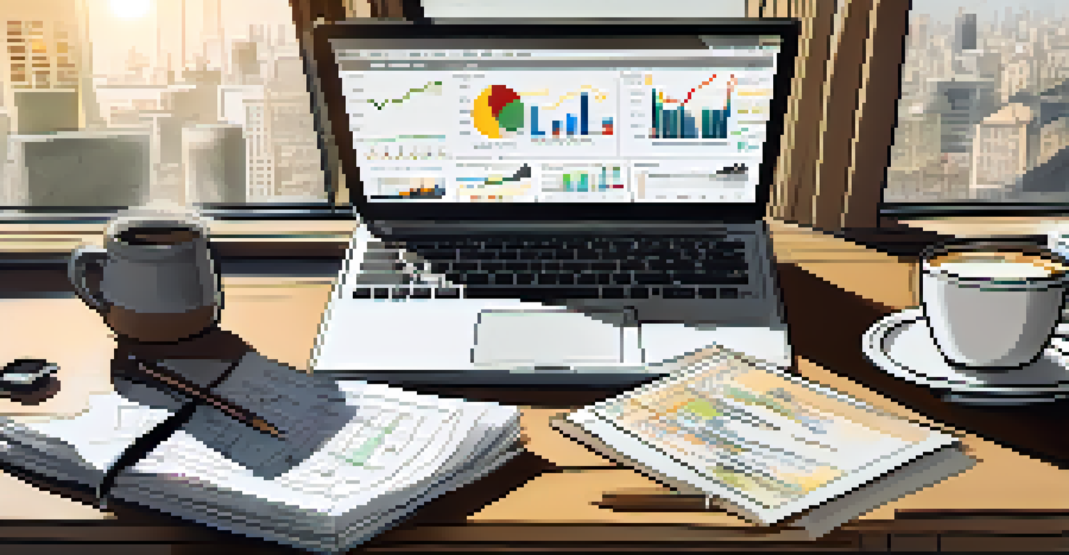 A financial analyst's desk with charts and a laptop showing real estate market trends.