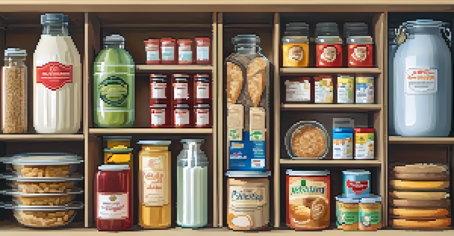 An overhead view of a well-organized pantry, with items sorted by category and open spaces, all illuminated by warm lighting.