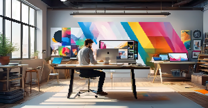 A graphic designer in a studio with design materials and digital screens, working on creative projects.