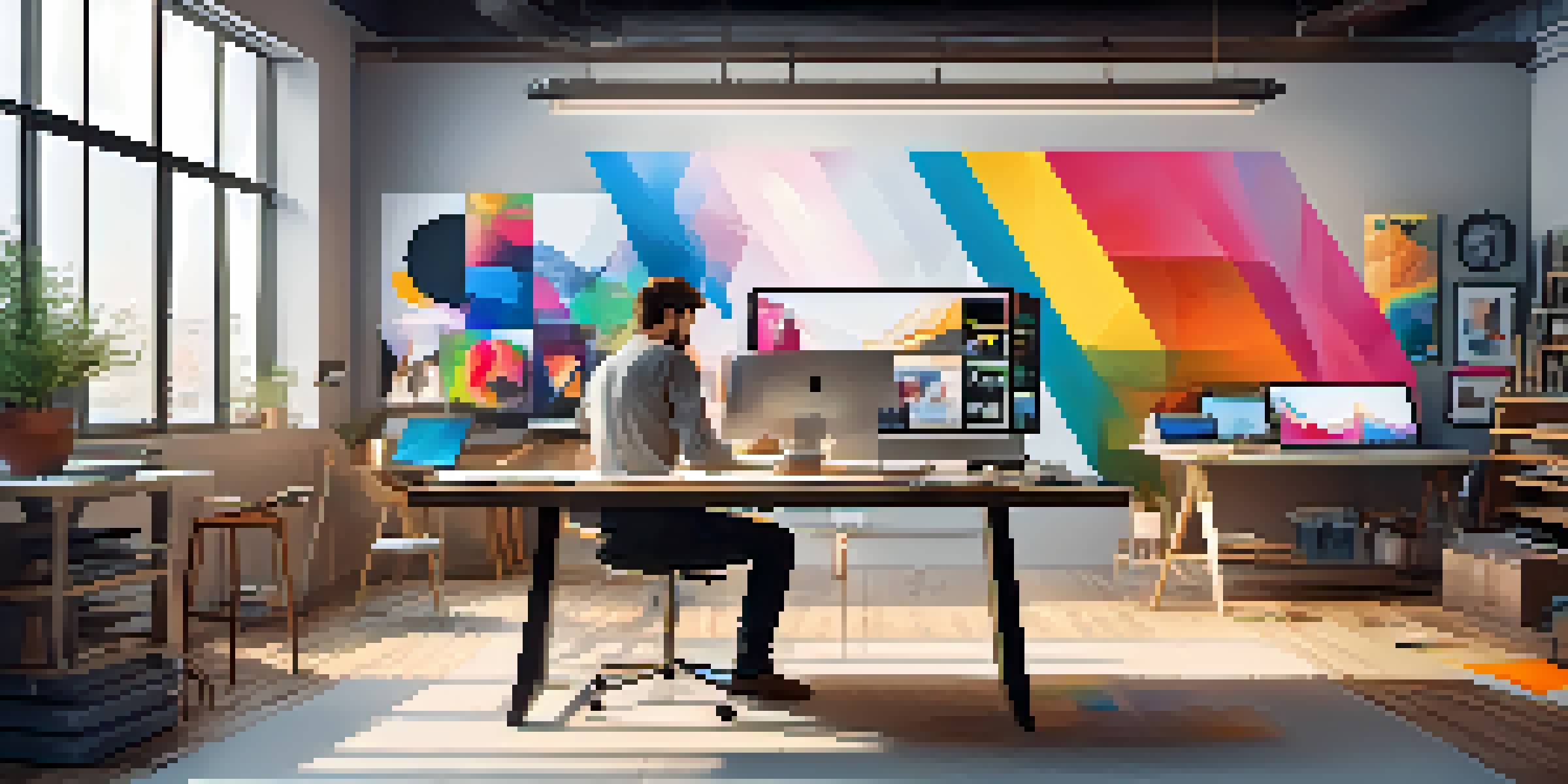 A graphic designer in a studio with design materials and digital screens, working on creative projects.