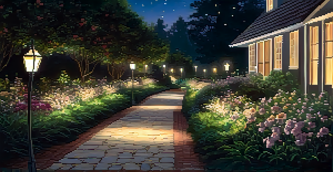 A nighttime garden pathway lit with soft lights, surrounded by greenery and flowers under a starry sky.