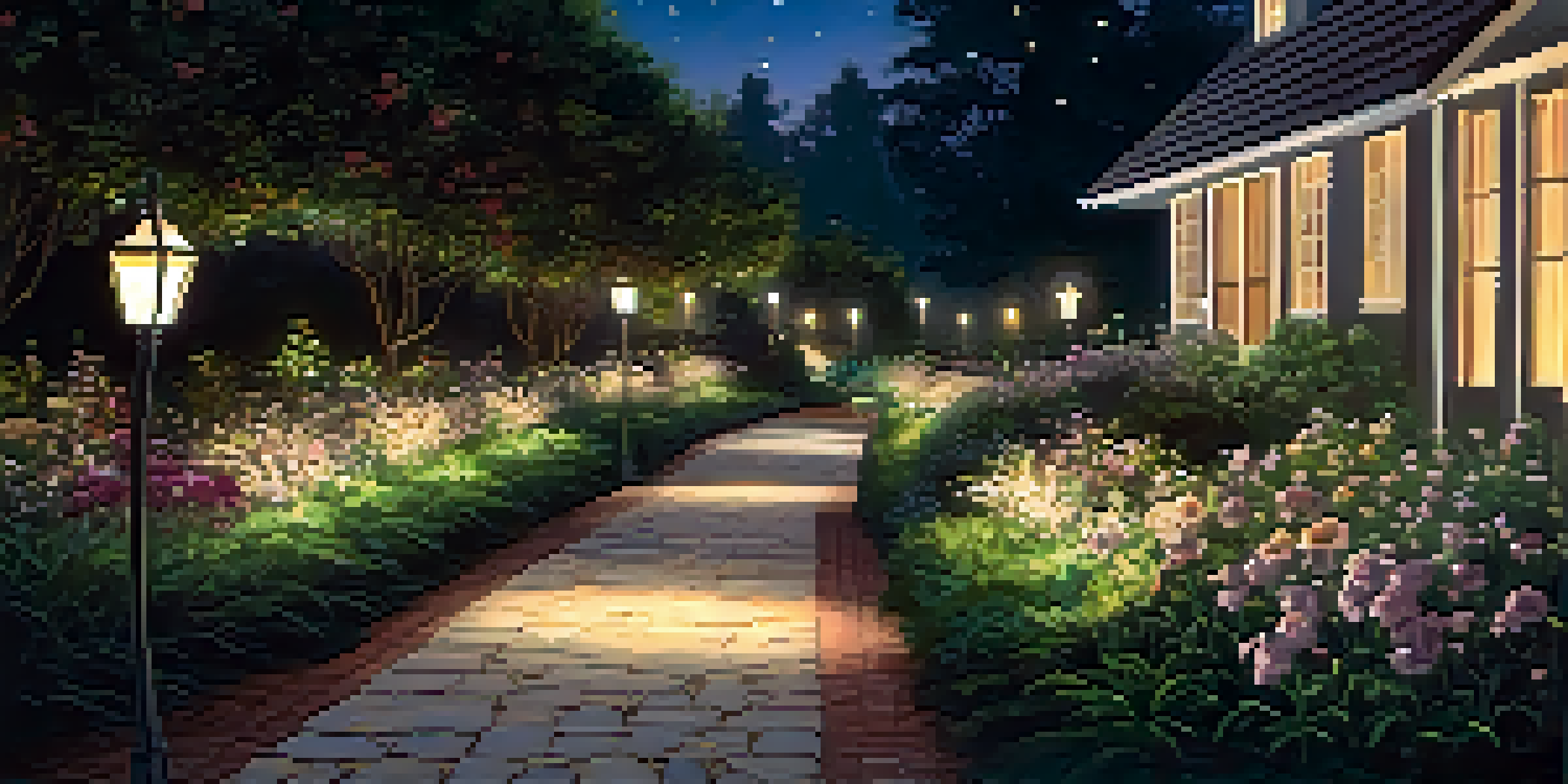 A nighttime garden pathway lit with soft lights, surrounded by greenery and flowers under a starry sky.