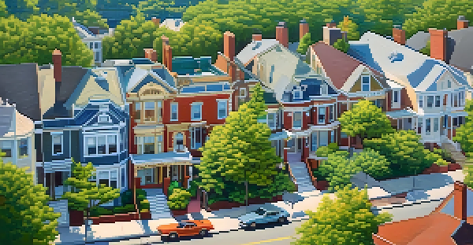 Aerial view of a historic neighborhood with Victorian-style homes, trees, and people walking.