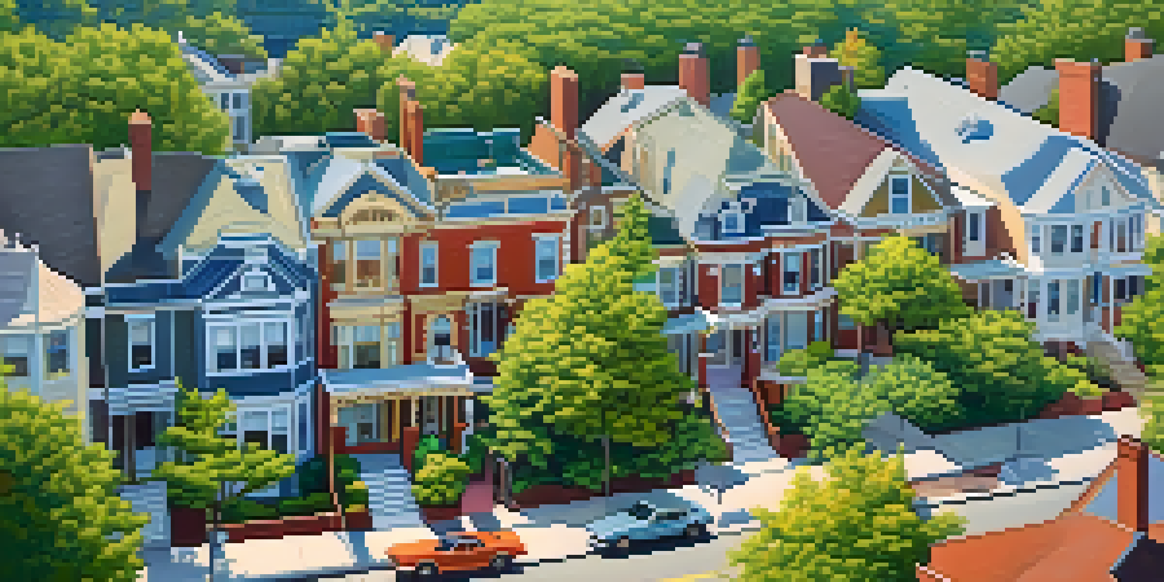Aerial view of a historic neighborhood with Victorian-style homes, trees, and people walking.