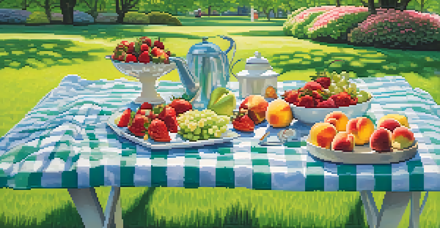 A spring picnic with a gingham blanket and bright floral arrangements, surrounded by seasonal fruits.