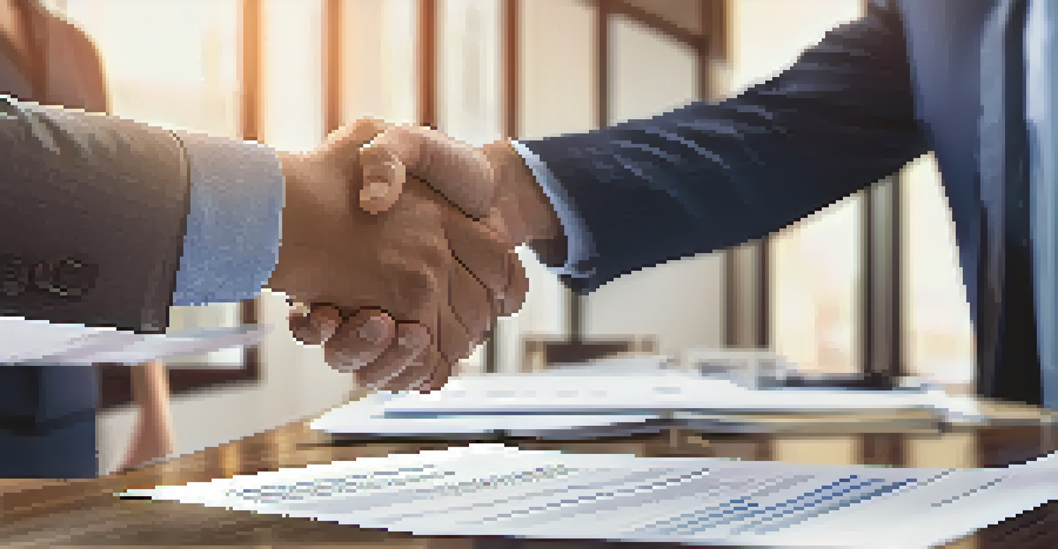 A landlord and tenant shaking hands over a table with lease documents, representing a successful agreement.