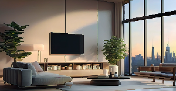 A contemporary living room showcasing smart home devices, including a smart thermostat and lighting, with a view of a city skyline at sunset.