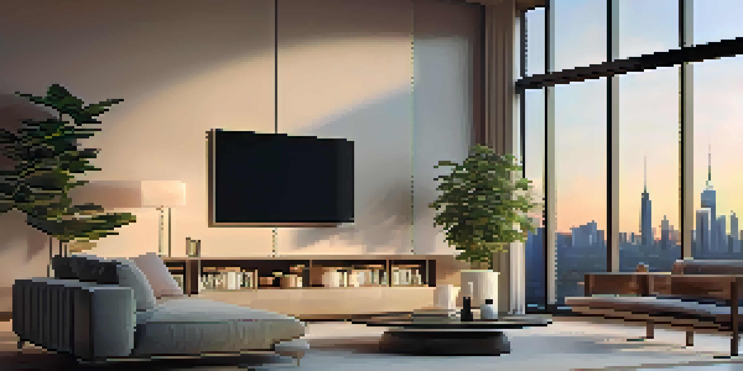 A contemporary living room showcasing smart home devices, including a smart thermostat and lighting, with a view of a city skyline at sunset.