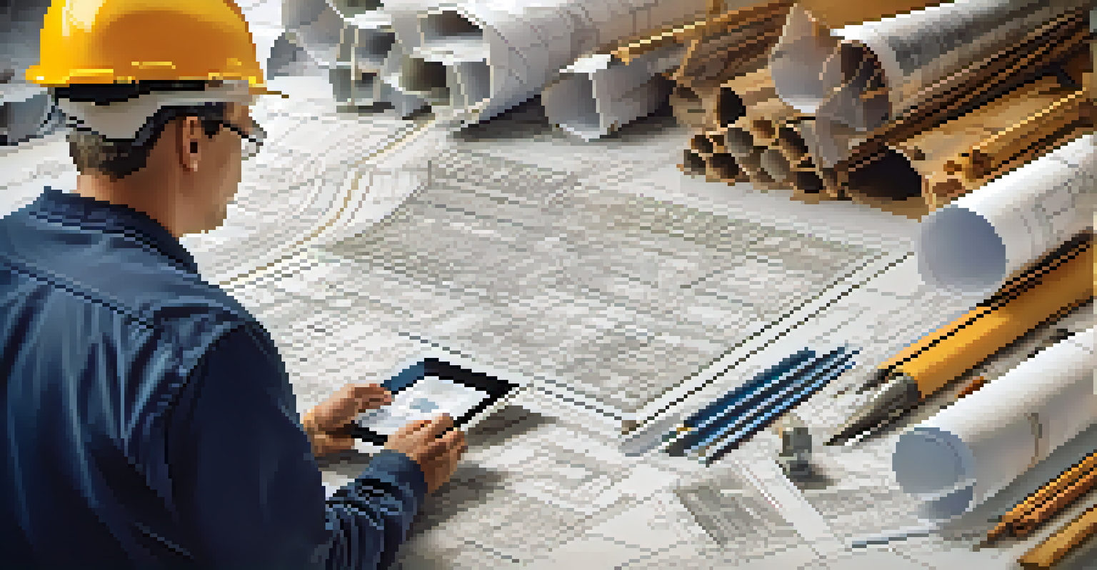 A construction manager reviewing blueprints on a tablet at a construction site.