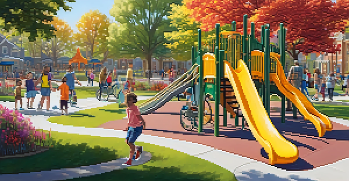 A lively urban park with people of various ages and abilities enjoying accessible facilities, surrounded by flowers and trees under a sunny sky.