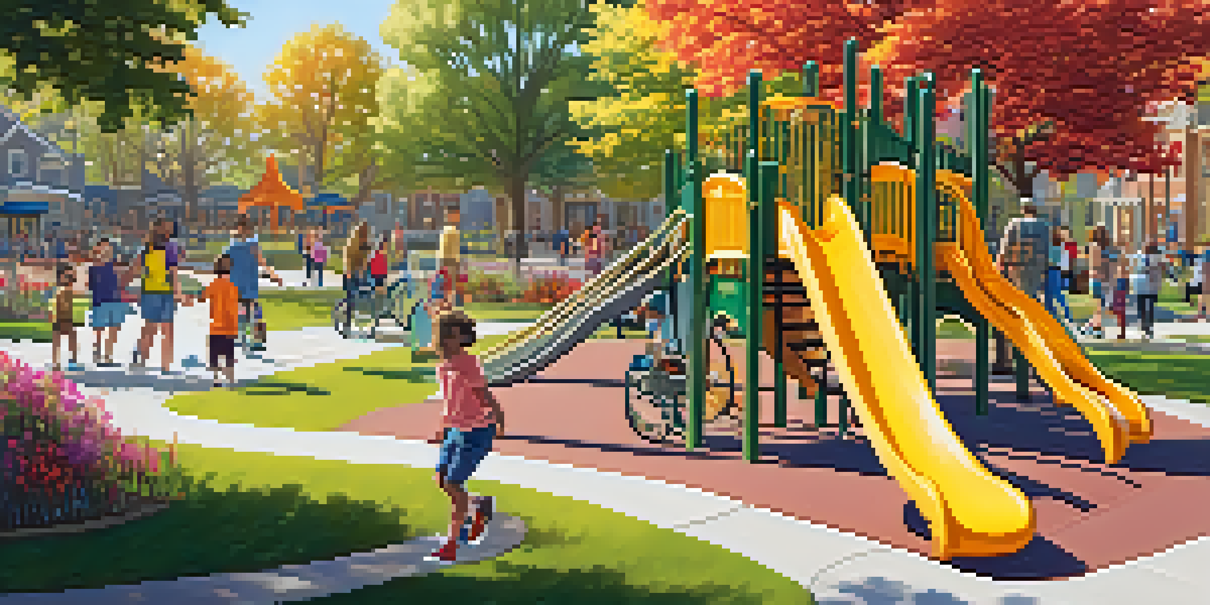 A lively urban park with people of various ages and abilities enjoying accessible facilities, surrounded by flowers and trees under a sunny sky.