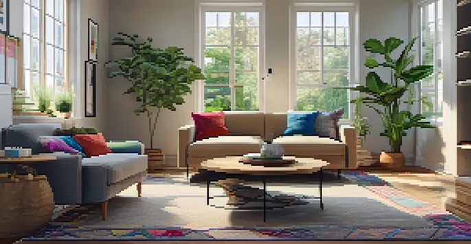 A cozy living room with a gray sofa, colorful cushions, and a wooden coffee table, illuminated by natural light.