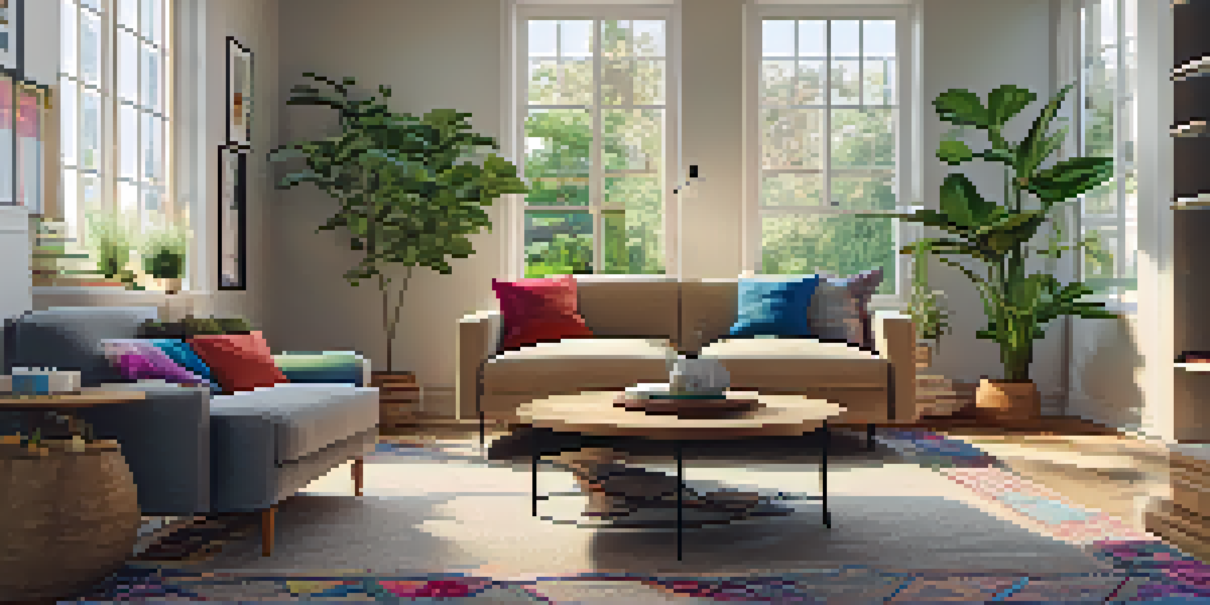 A cozy living room with a gray sofa, colorful cushions, and a wooden coffee table, illuminated by natural light.