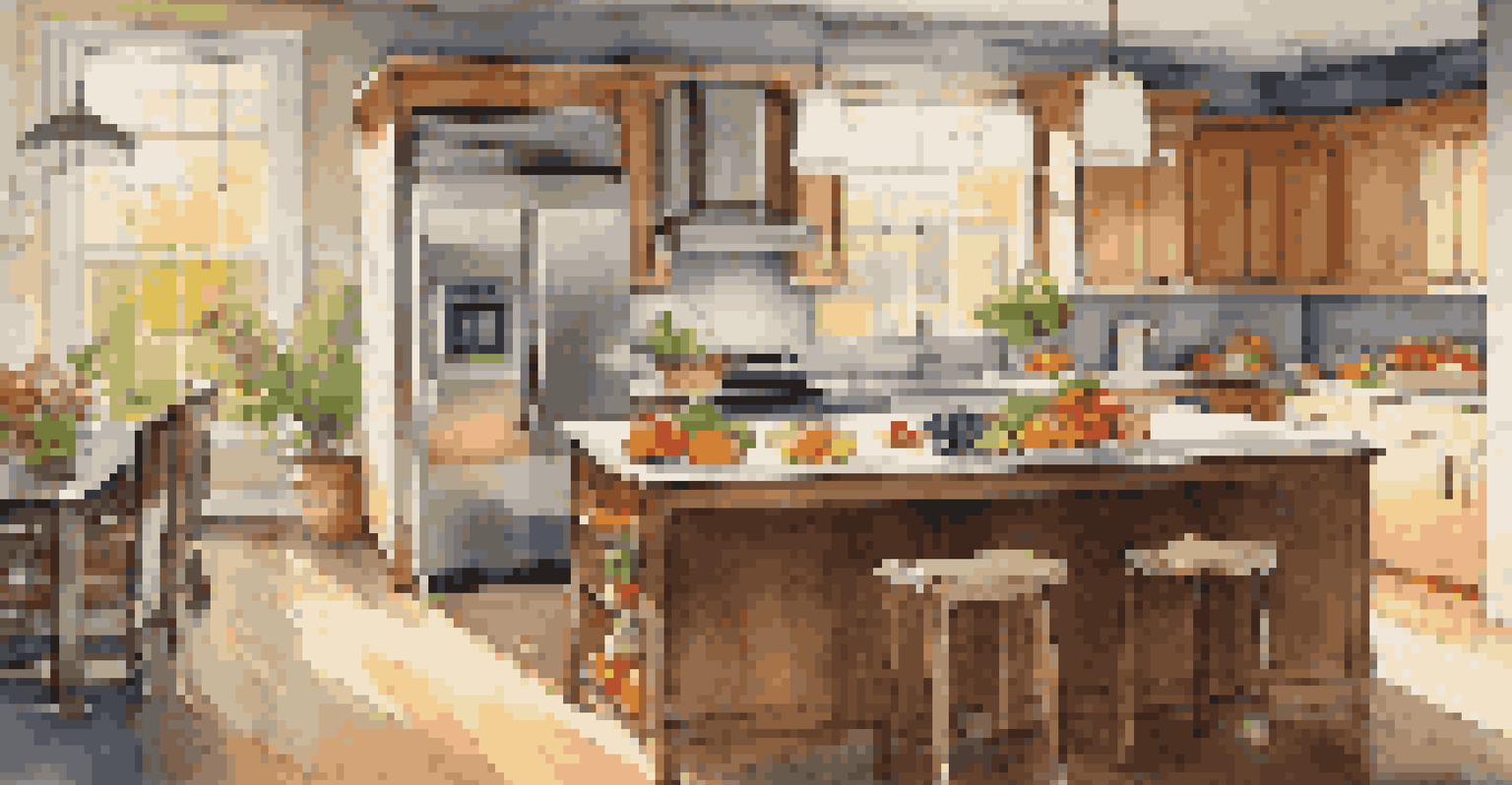 A modern kitchen with an island, fresh produce on the counter, and sunlight streaming through the window.