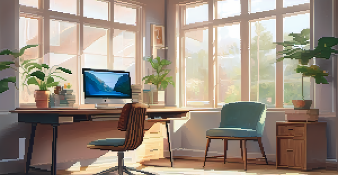 A bright and calming home office with a laptop on a wooden desk, sunlight coming through a large window, and a potted plant beside books on a shelf.