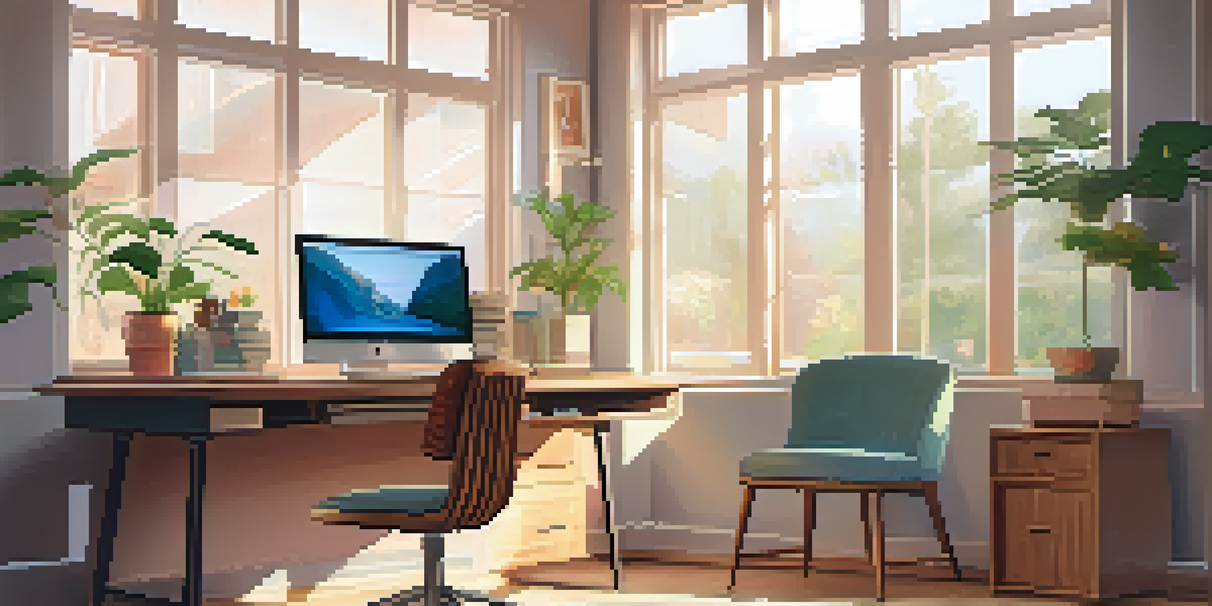 A bright and calming home office with a laptop on a wooden desk, sunlight coming through a large window, and a potted plant beside books on a shelf.