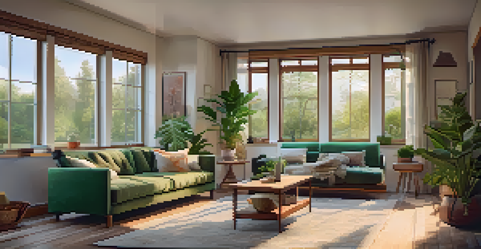 An interior of a climate-responsive home with large windows, wooden textures, and indoor plants, illuminated by soft morning light.