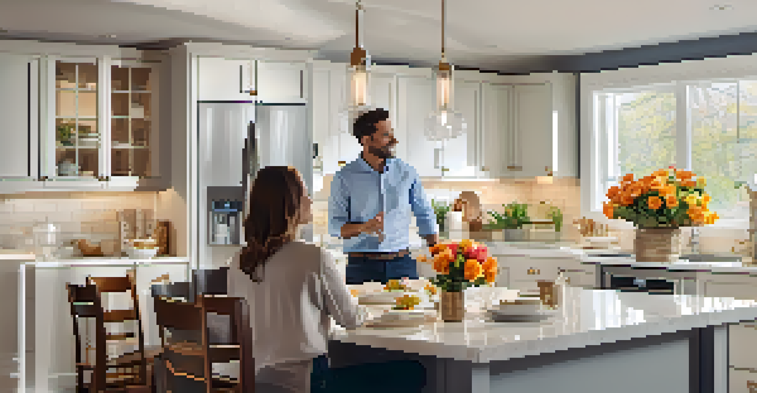 A real estate agent explaining home warranty details to buyers in a modern kitchen.
