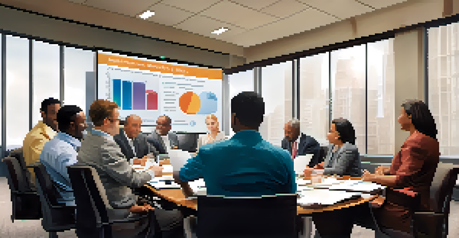 A diverse group of HOA members gathered around a conference table, discussing financial matters with charts displayed on a screen.