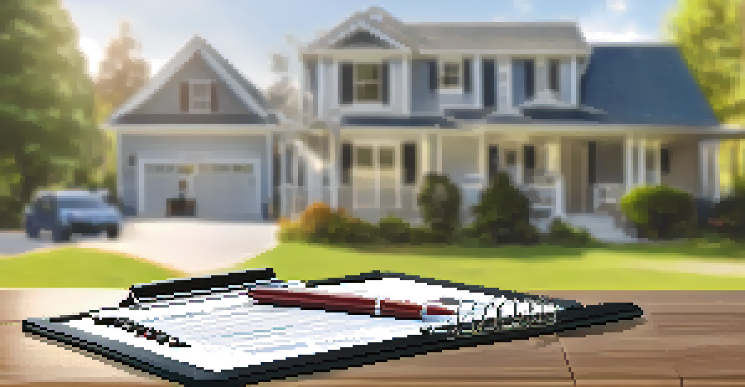 A clipboard with mortgage documents and a calculator on a wooden table, with houses blurred in the background.