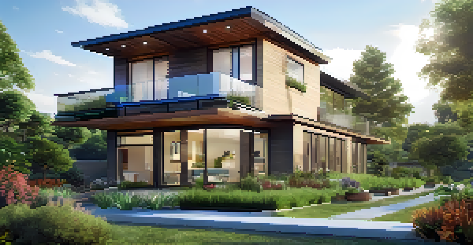 A modern eco-friendly house with solar panels and a green roof, surrounded by greenery and a community garden, under a clear sky.