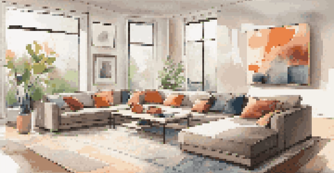 A bright and modern living room with a sectional sofa, coffee table, and abstract art, designed for a virtual tour experience.