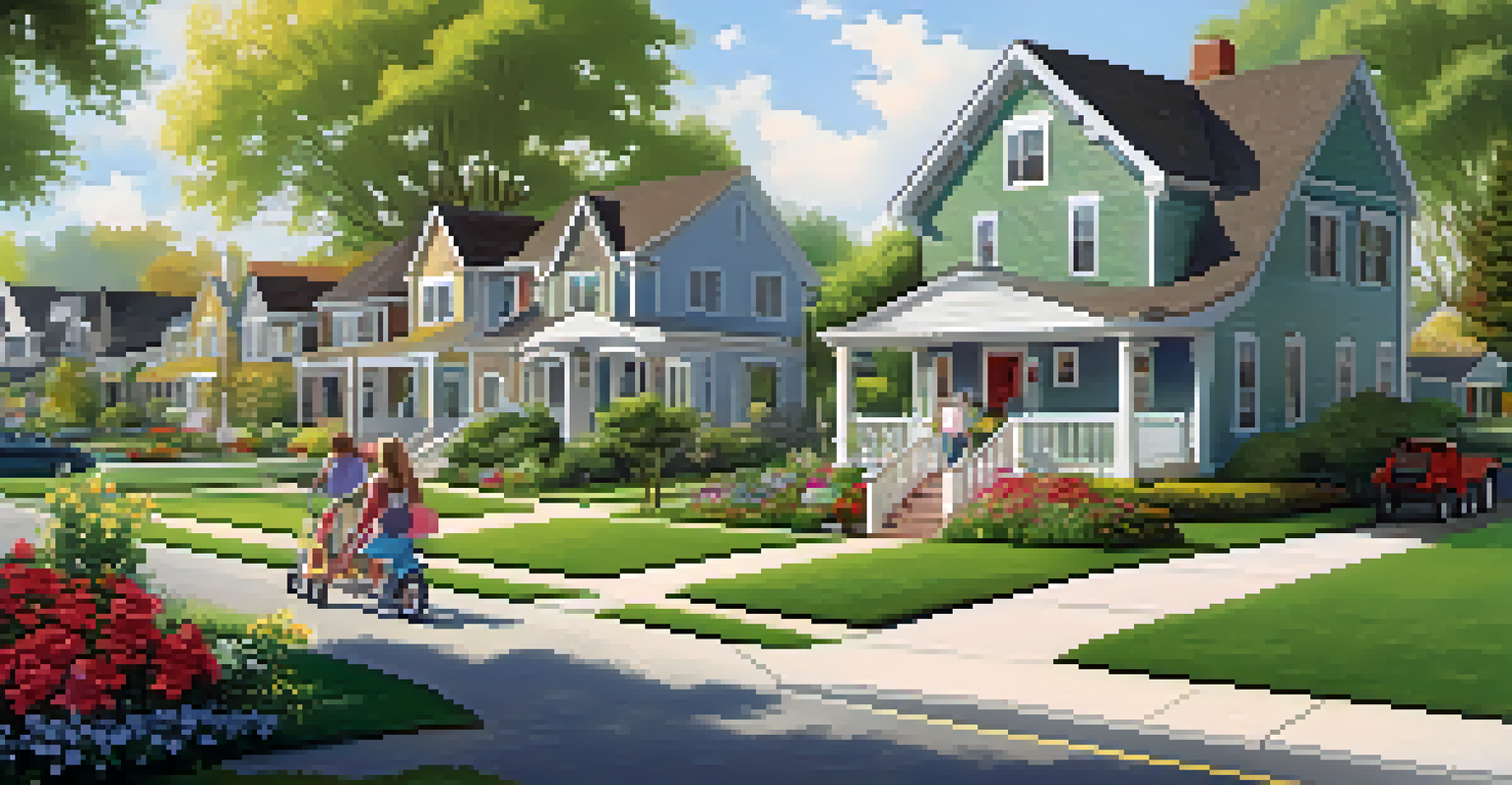 A sunny suburban neighborhood with diverse homes and families engaged in outdoor activities.