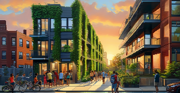 A modern apartment complex in Brooklyn with greenery and street art, featuring people enjoying the area during sunset.