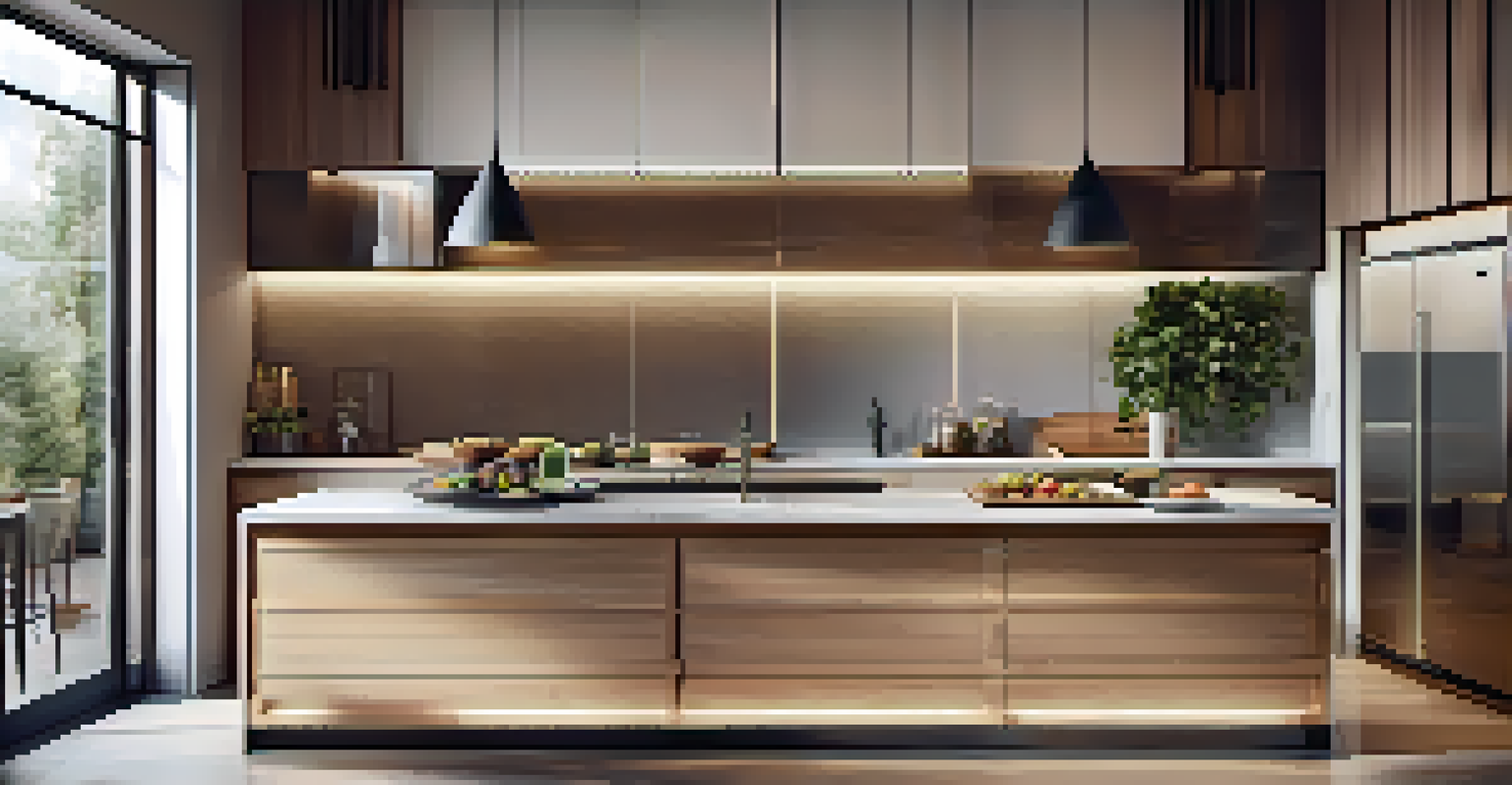 A modern kitchen with bright smart lighting accentuating countertops and cabinetry, showcasing fresh ingredients.