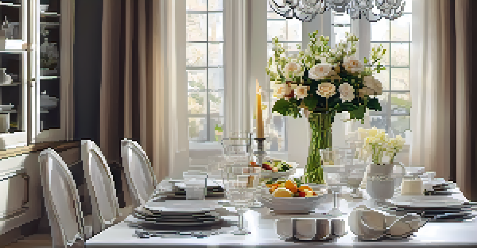 An elegant dining table set with tableware and a vase of fresh flowers, illuminated by candlelight.