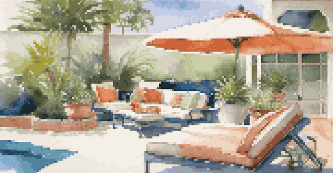 A picturesque poolside lounge area with colorful cushions, a small table, and a shade umbrella surrounded by greenery and a clear blue pool.