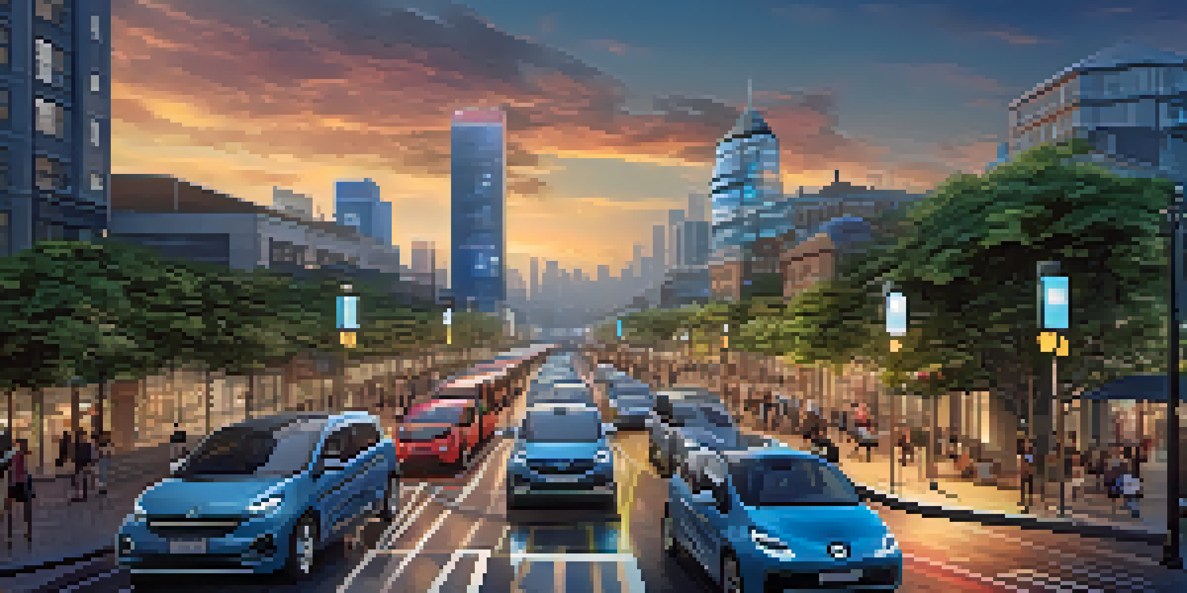 A lively city scene with smart traffic lights, electric vehicles, and illuminated streetlights emphasizing urban technology and sustainability.