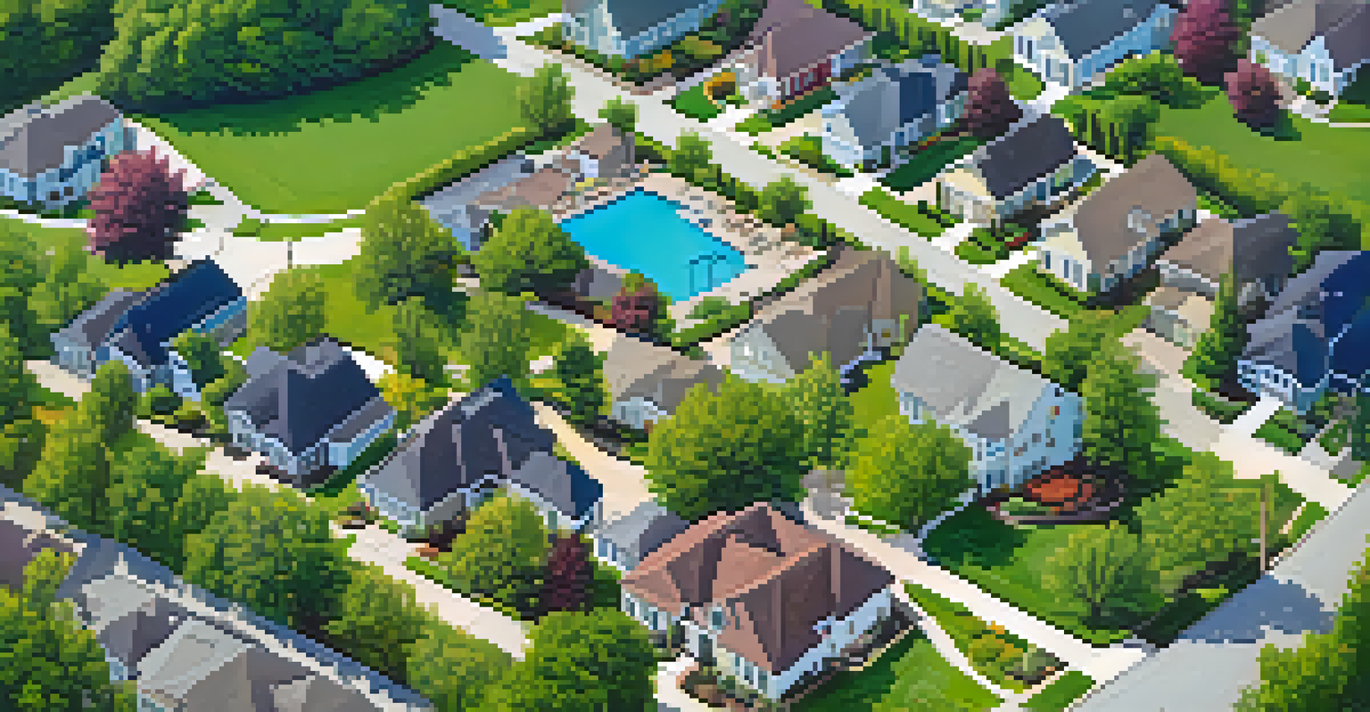 An aerial view of a suburban neighborhood showing well-kept homes and gardens in a desirable area.