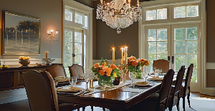 A cozy dining room with warm lighting, a vintage chandelier, and a beautifully set table for a dinner party.