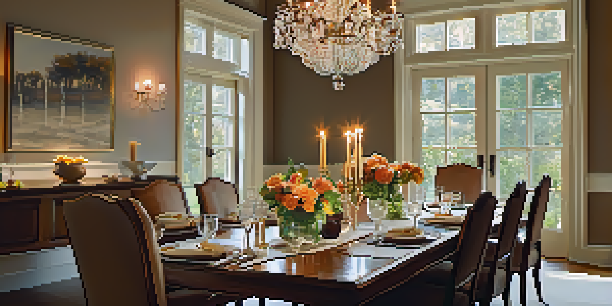 A cozy dining room with warm lighting, a vintage chandelier, and a beautifully set table for a dinner party.