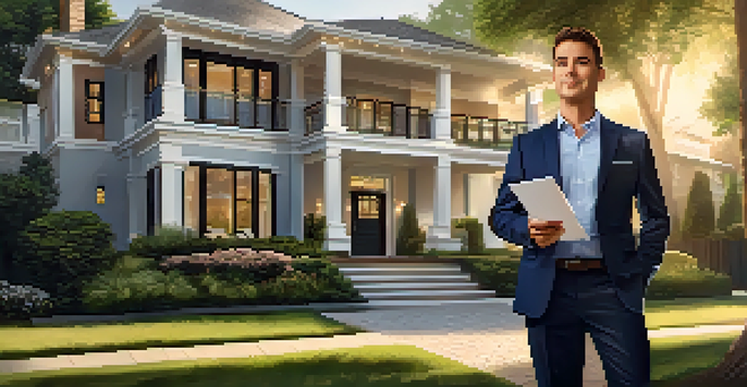 A professional real estate agent in front of a renovated house during sunset, holding a clipboard and surrounded by greenery.