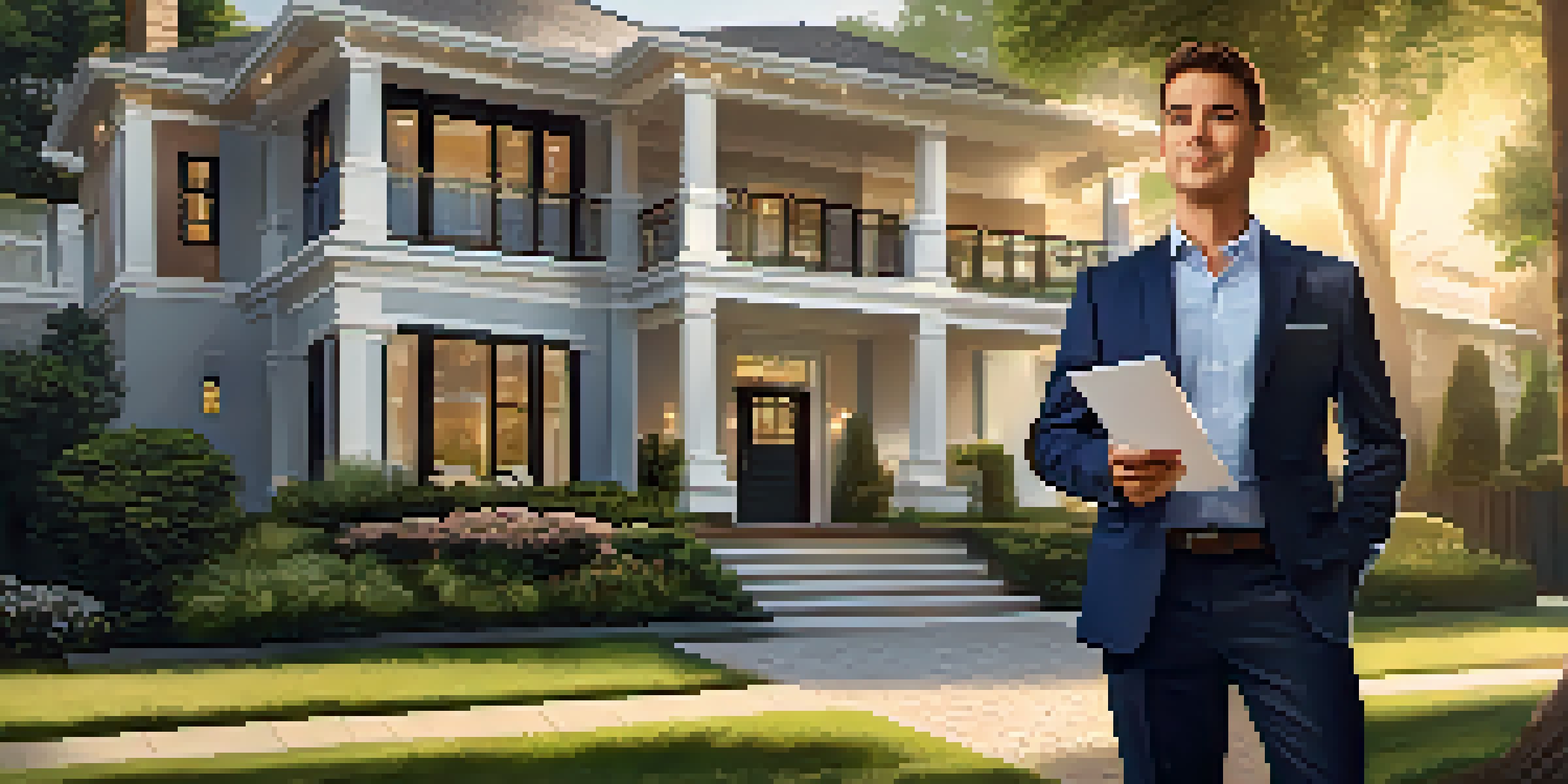A professional real estate agent in front of a renovated house during sunset, holding a clipboard and surrounded by greenery.