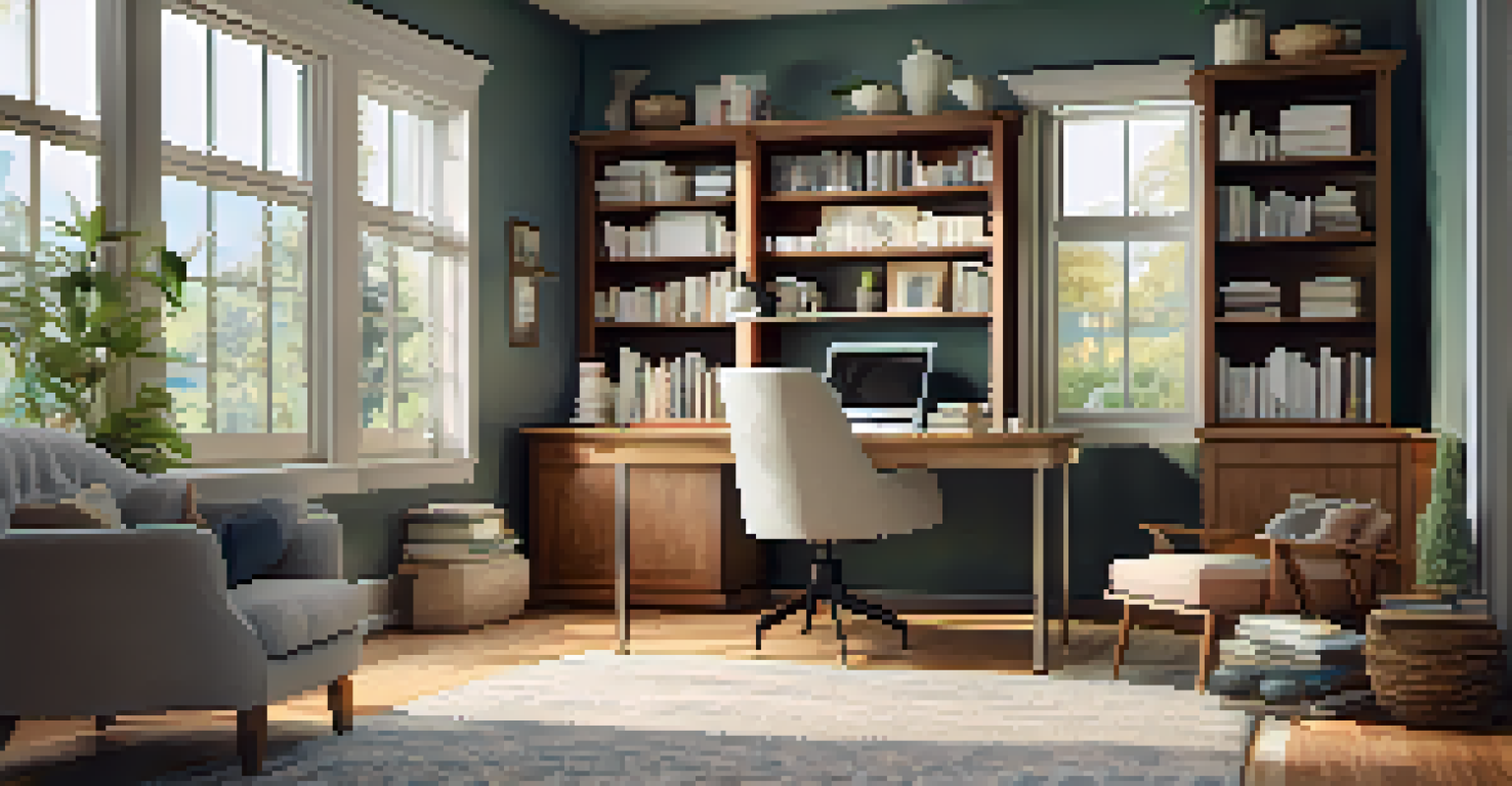 A relaxation area in a home office with a cozy chair, coffee station, and bookshelf, designed for taking breaks.