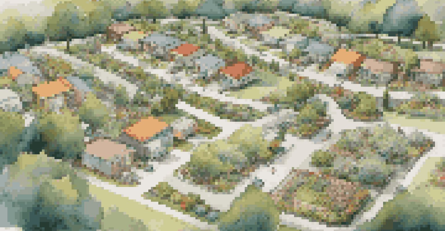 Aerial view of a mobile home park with diverse homes, pathways, and a playground in a vibrant setting.
